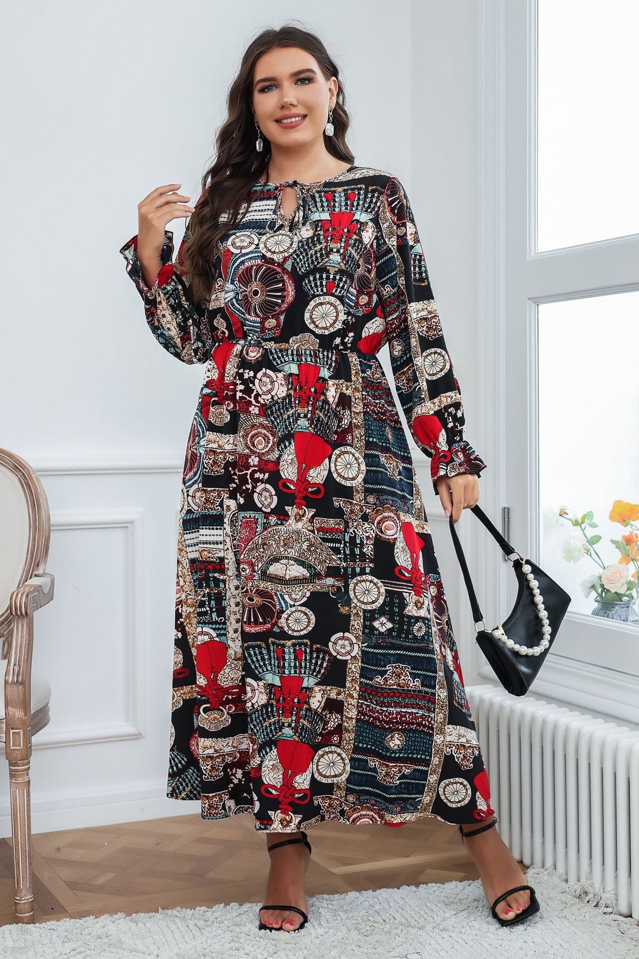 Fashion Crew Neck Print Midi Swing Dress Long Sleeve Elastic Waist Loose Dresses Wholesale Plus Size Clothing