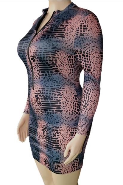 Plus Size Women Hollow Sexy Printed Zipper Long Sleeve Dress