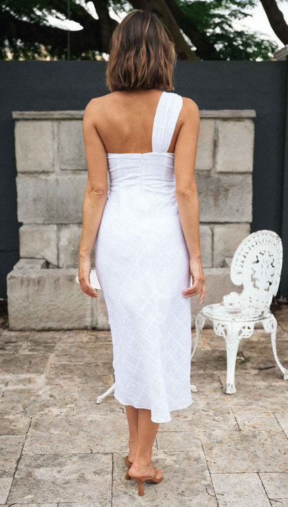 One Shoulder Sleeveless Waist Knotted Slit Midi White Dress Wholesale Dresses