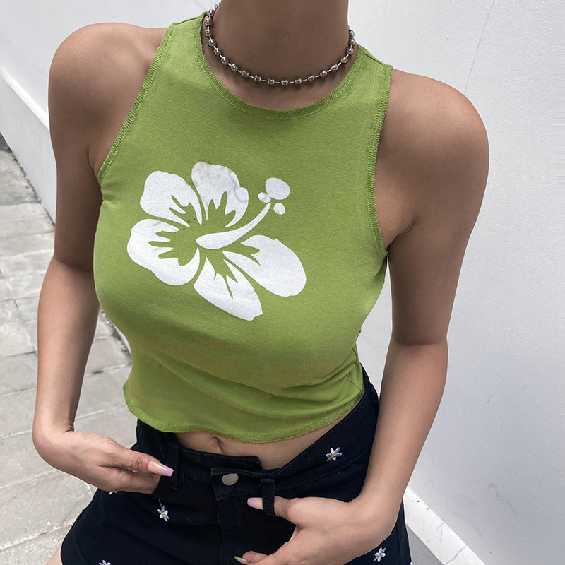 Sexy Print Sleeveless Tops Slim Crew Neck Wholesale Crop Tops