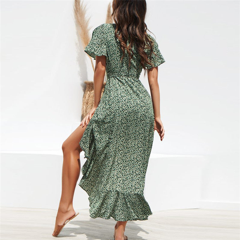 Polka Dot Print V-Neck Irregular Slit Vacation Lace-Up Chiffon Ruffle Dress Sexy Wholesale Dresses