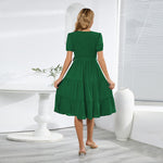 Solid Color Commuter V-Neck Short-Sleeved Pleated Slim-Fit Big Swing Stitching Midi Dress Wholesale Dresses