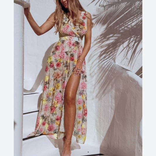 Vacation Sleeveless Chiffon Slit Flowy Floral Dress Wholesale Maxi Dresses