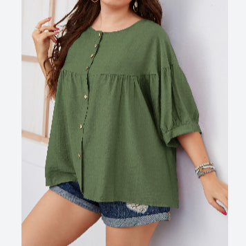 Solid Color Half Sleeve Button Round Neck Wholesale Plus Size Tops for Summer