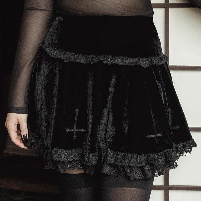 Dark Design Cross-Embroidered Lace Wholesale Mini Skirts