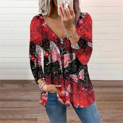 Zipper Butterfly Print Long Sleeve V Neck Wholesale Blouses For Women