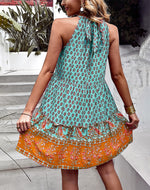 Fashion Print Halter Neck Dress Casual Resort Swing Wholesale Womens Bohemian Dresses With Pockets