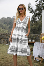 Stripe Deep V Ruffles Sleeveless Pocket Midi Bohemian Dress For Women Wholesale Dresses SD203590