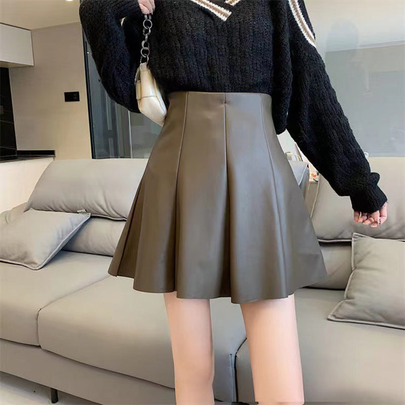 Versatile Solid Color PU Leather A-Line High Waist Pleated Skirt Wholesale Women Bottom