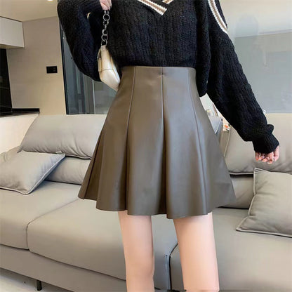 Versatile Solid Color PU Leather A-Line High Waist Pleated Skirt Wholesale Women Bottom