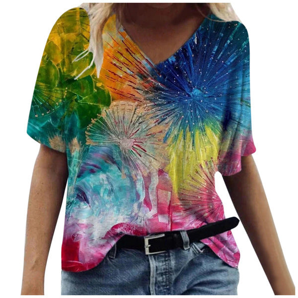 Fashion Print V Neck Short Sleeve Casual Loose Womens Tops Wholesale T Shirts