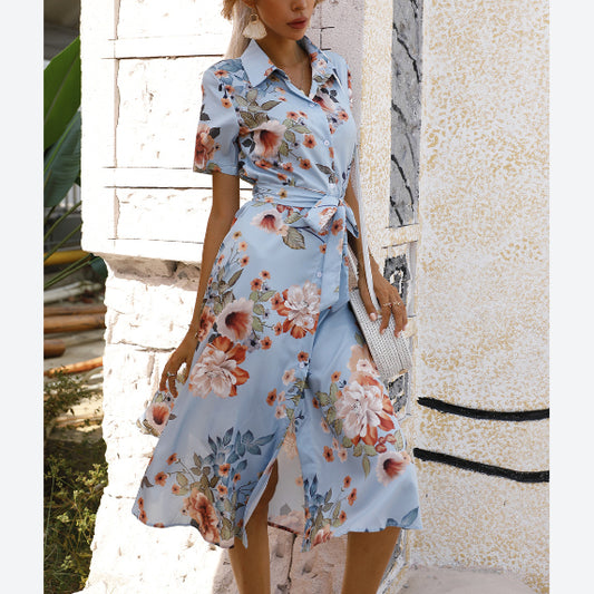 Floral Print Single-Breasted Lace-Up Short Sleeve Elegant Lapel Midi Shirtdress Wholesale Shirt Dresses