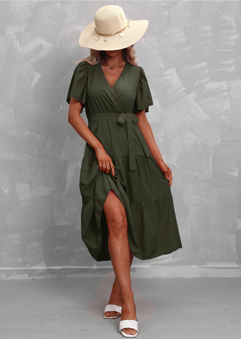 V-Neck Short Sleeve Solid Color Mid-Length Smocked Dress Casual Wholesale Dresses
