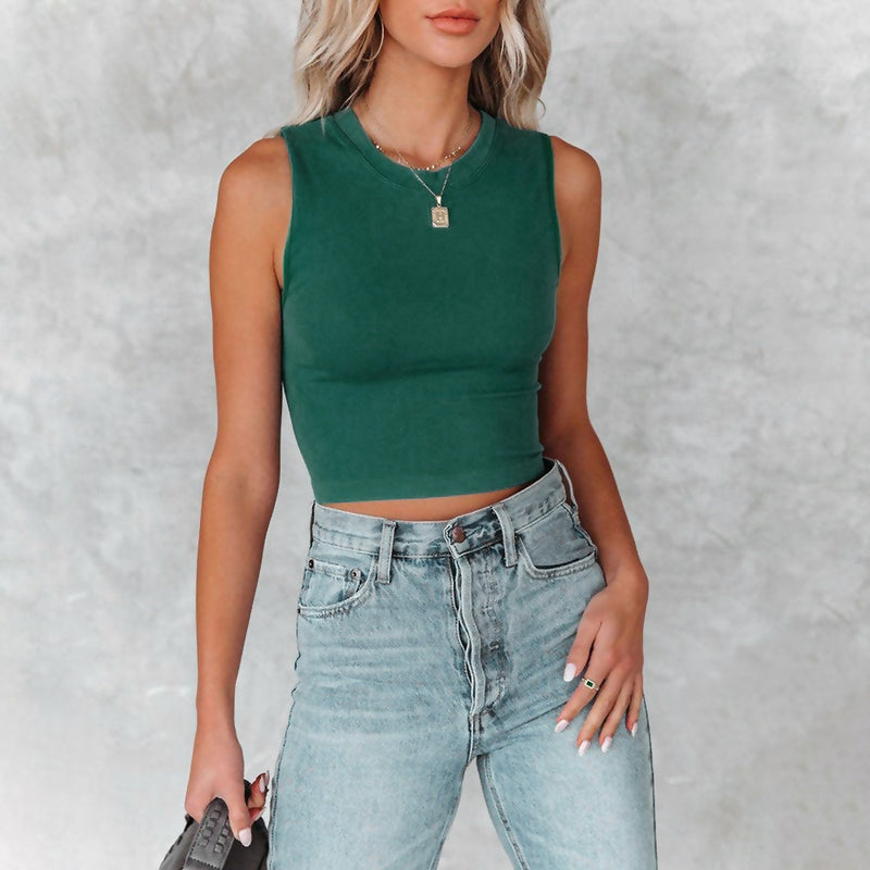 Fashion Solid Color Round Neck Sleeveless Ladies Tops Summer Wholesale Crop Tops