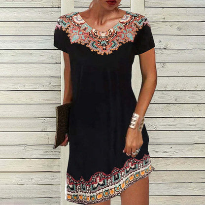 Casual Ethnic Style Print Dress Crew Neck Short Sleeve Wholesale Dresses