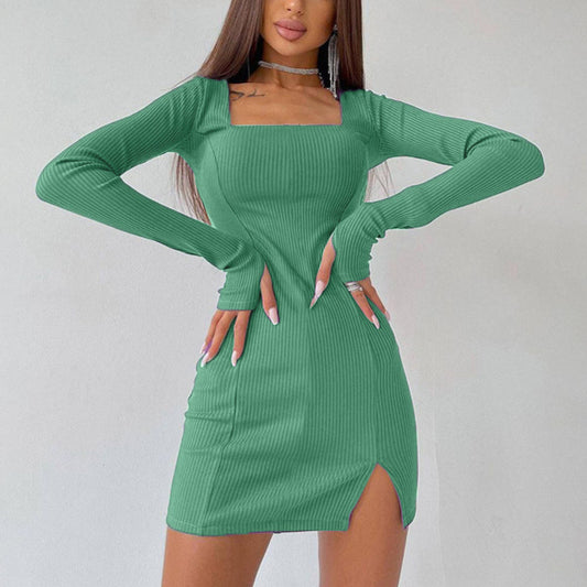 Sexy Square Neck Bodycon Dress Solid Color Long Sleeve Slit Wholesale Dresses