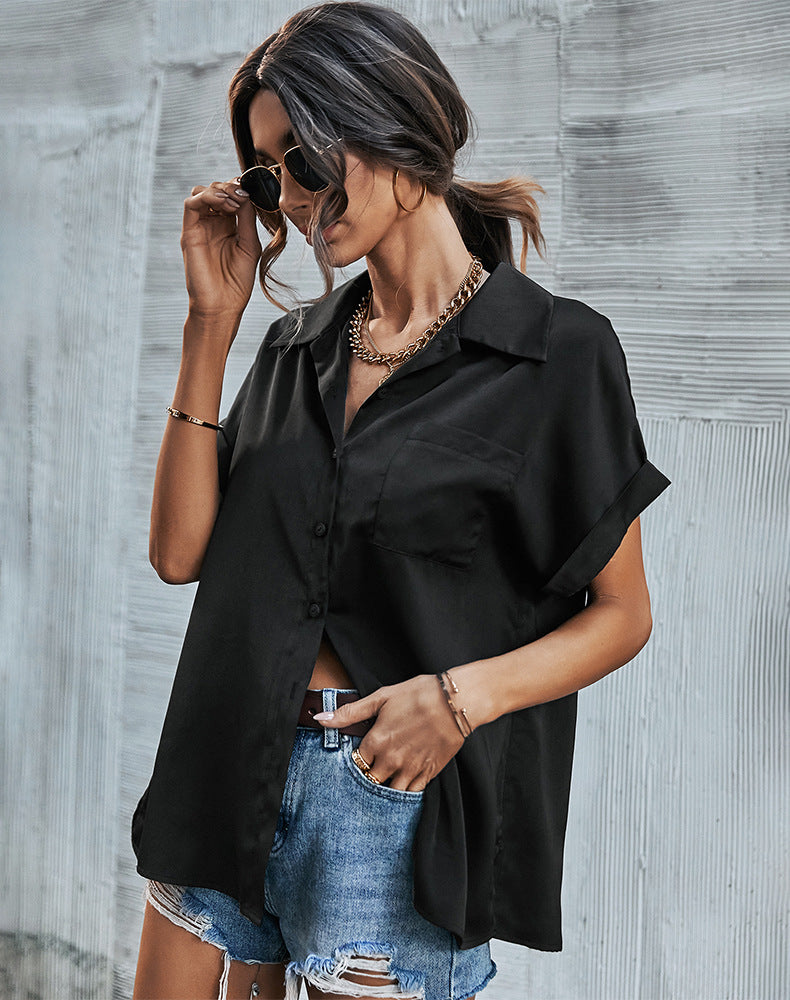 Fashion V Neck Lapel Blouse Single-Breasted Solid Color Loose Short Sleeve Womens T Shirts Wholesale