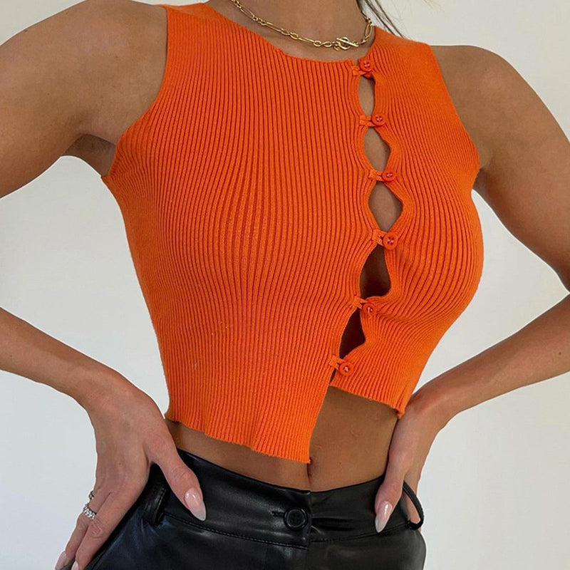Sleeveless Ribbed Knit Hollow Out Button Down Wholesale Crop Tops For Women