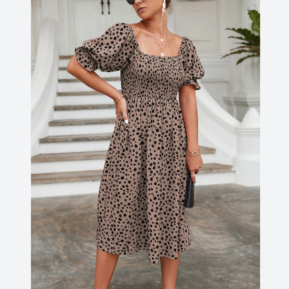 Dot Print Wide Neck Puff Sleeve High Waist Midi Dress Casual Wholesale Dresses