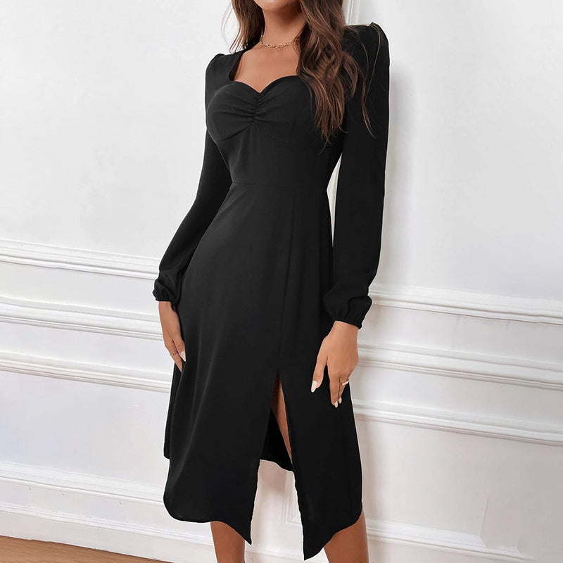 Solid Color V-Neck Slit Long-Sleeve Midi A-Line Dress Wholesale Dresses