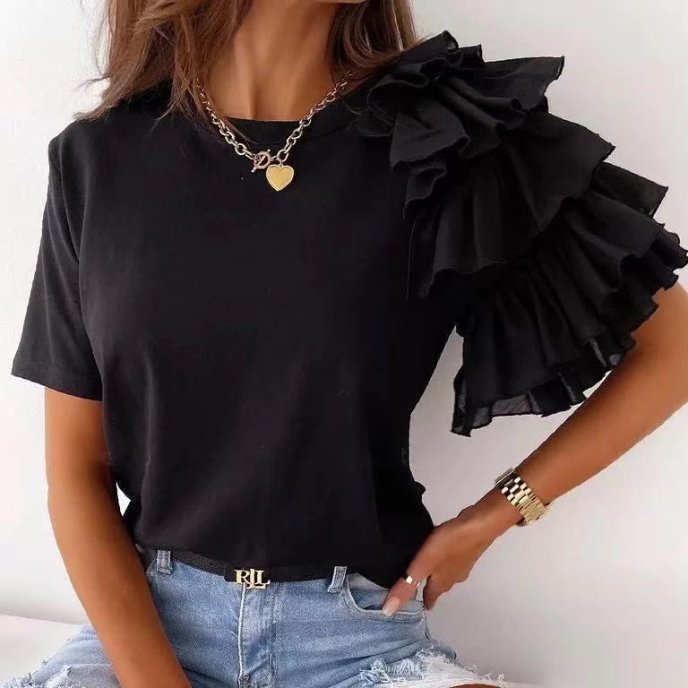 Fashion Ruffles Short Sleeve Round Neck T-Shirt Wholesale Womens Tops