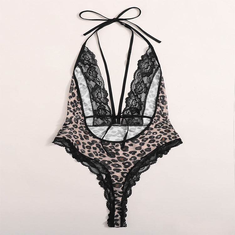 Sexy Leopard Print Lace Halterneck Mesh Sheer Wholesale Plus Size Lingerie For Women