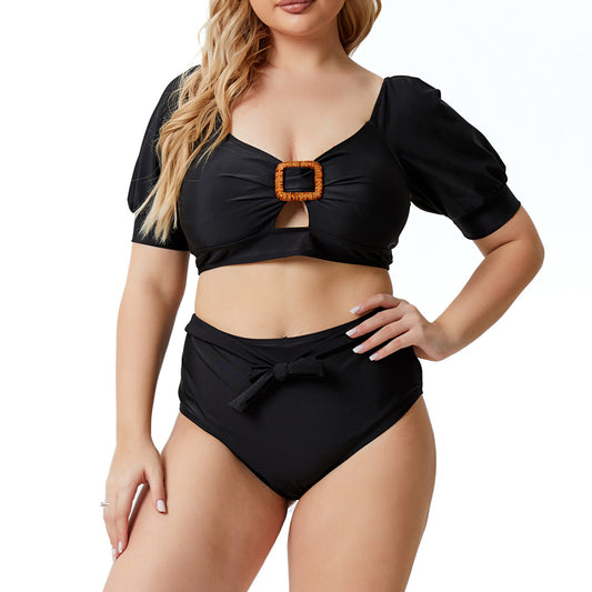 Solid Color Women'S Split Swimsuits Buckle Short Sleeve Plus Size Swimwear Wholesale Vendors