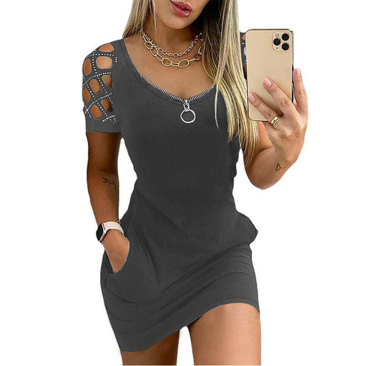 Short Sleeve Hollow Out Zipper Wholesale Bodycon Dresses With Pockets For Women