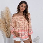 Printed Off Shoulder Casual Fashion Flared Sleeve Blouse Womens Tops Boho Wholesale Vendors ST55564