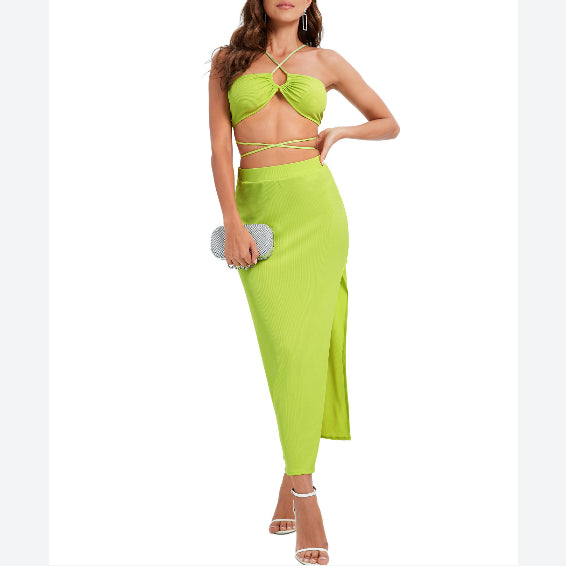 Plain Color Wholesale Two Piece Sets Sexy Halterneck Bra+Split Hem Bodycon Skirts