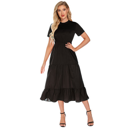 Short-Sleeve Round Neck Midi Chiffon Smocked Dress Wholesale Dresses