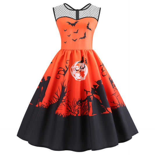 Halloween Printed Mesh Retro Dress Women Wholesale