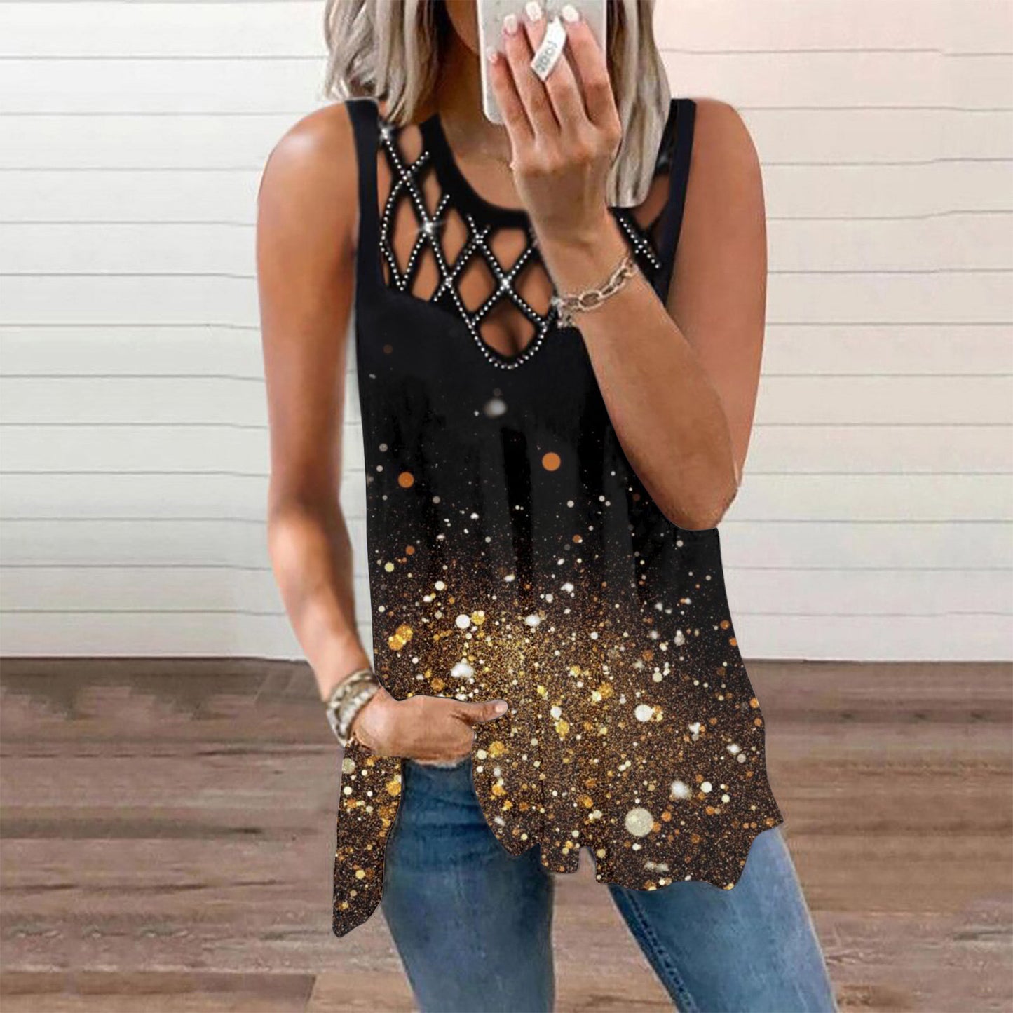 Sexy Hollow Out Print Tops Hot Drill Loose Sleeveless Womens T Shirts Wholesale