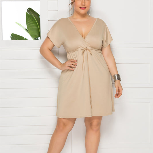 Sexy Solid Color Short Sleeve Deep V Neck Short Curve Dresses Wholesale Plus Size Clothing SD203069