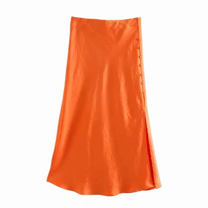 Solid Color High Waist Single Breasted Slit Slim Business Casual Women A-Line Satin Skirts Wholesale