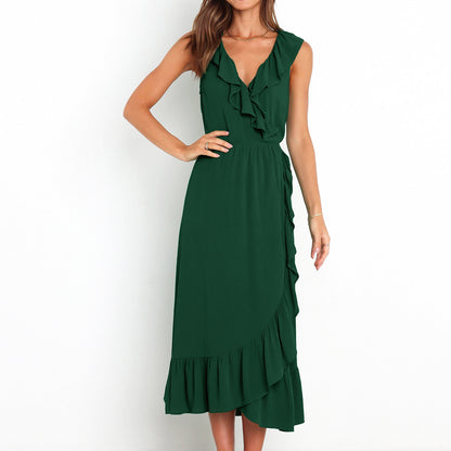 V-Neck Ruffled Lace-Up Elegant Midi Wrap Dress Wholesale Dresses