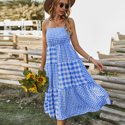 Plaid Printed Casual Wholesale Dresses Off Shoulder Cami Dress