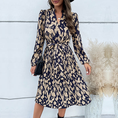 Printed Long Sleeve Tie-Up Swing Pleated Dress Wholesale Dresses