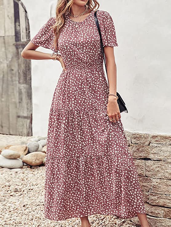 Casual Print Flared Dress Crew Neck Elastic Waist Short Sleeve Midi Wholesale Dresses