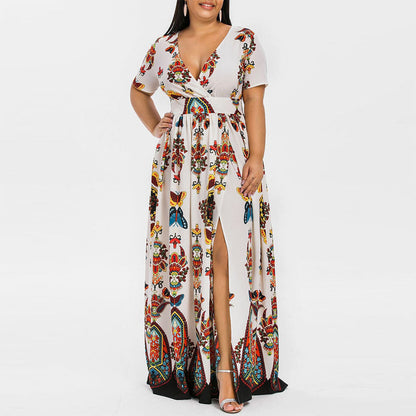 Printed Women Curvy Slit Maxi Dresses Wholesale Plus Size Clothing