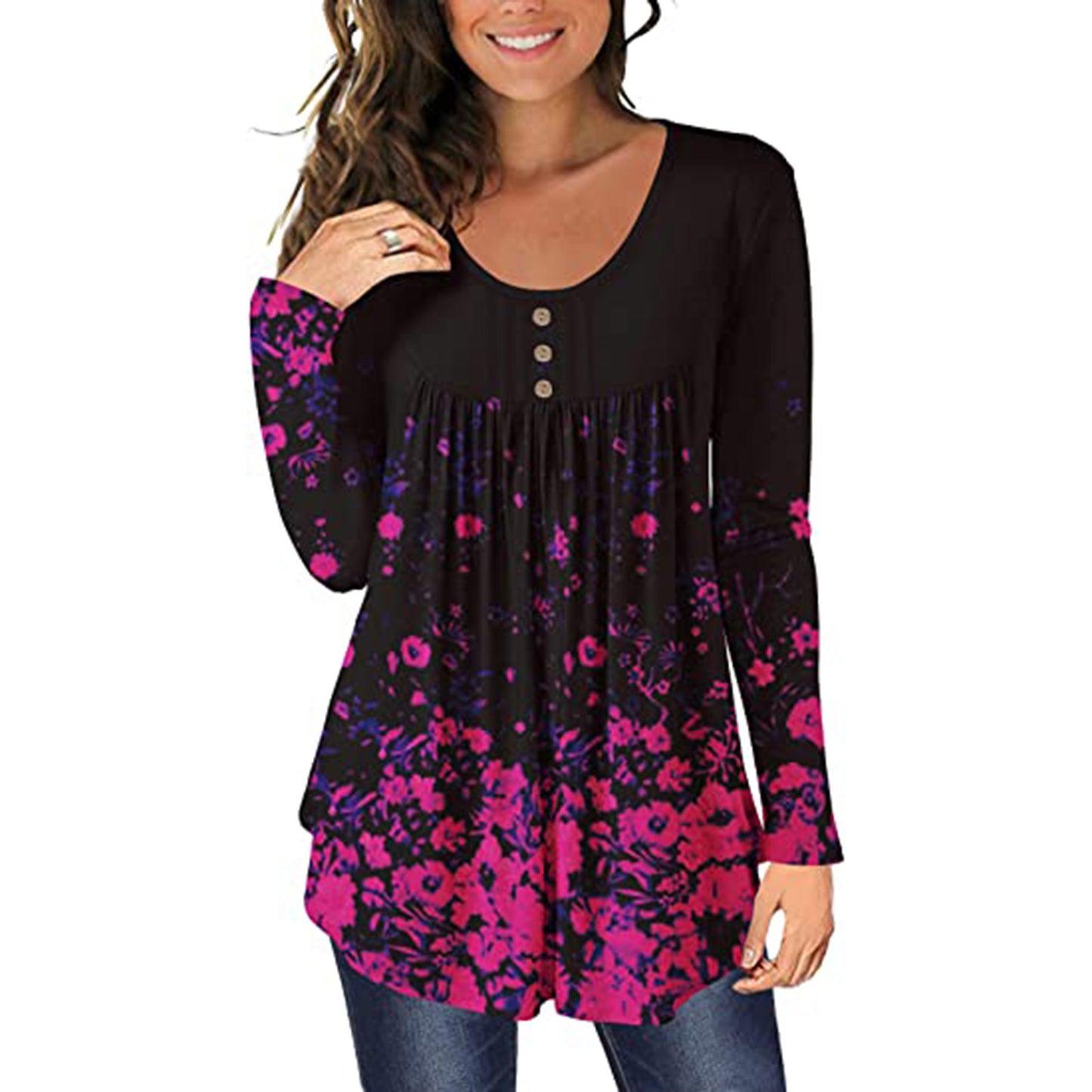 Round Neck Pleated Casual Wholesale Blouse Printed Ruffle Long Sleeve