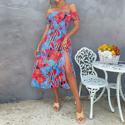 Floral Printed Elastic Wrap Chest Split High Waist Vacation Swing Dress Off Shoulder Wholesale Dresses