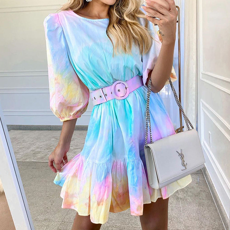 Fashion Gradient Print Puff Sleeve Ruffled Waist Slim Dress Wholesale Dresses