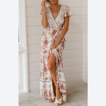 V Neck Short Sleeve Lace Up Boho Print Slit Wide Swing Maxi Dresses Casual Wholesale Bohemian Dress For Women SD531166