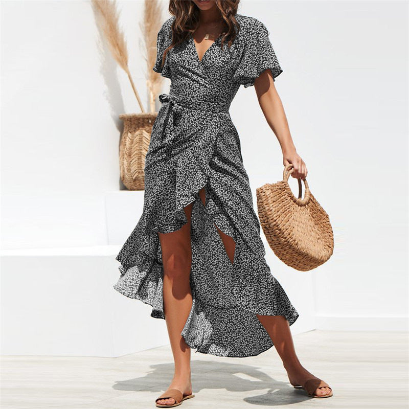 Polka Dot Print V-Neck Irregular Slit Vacation Lace-Up Chiffon Ruffle Dress Sexy Wholesale Dresses