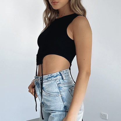 Sexy Cutout Drawstring Vest Crew Neck Solid Color Skinny Wholesale Crop Tops