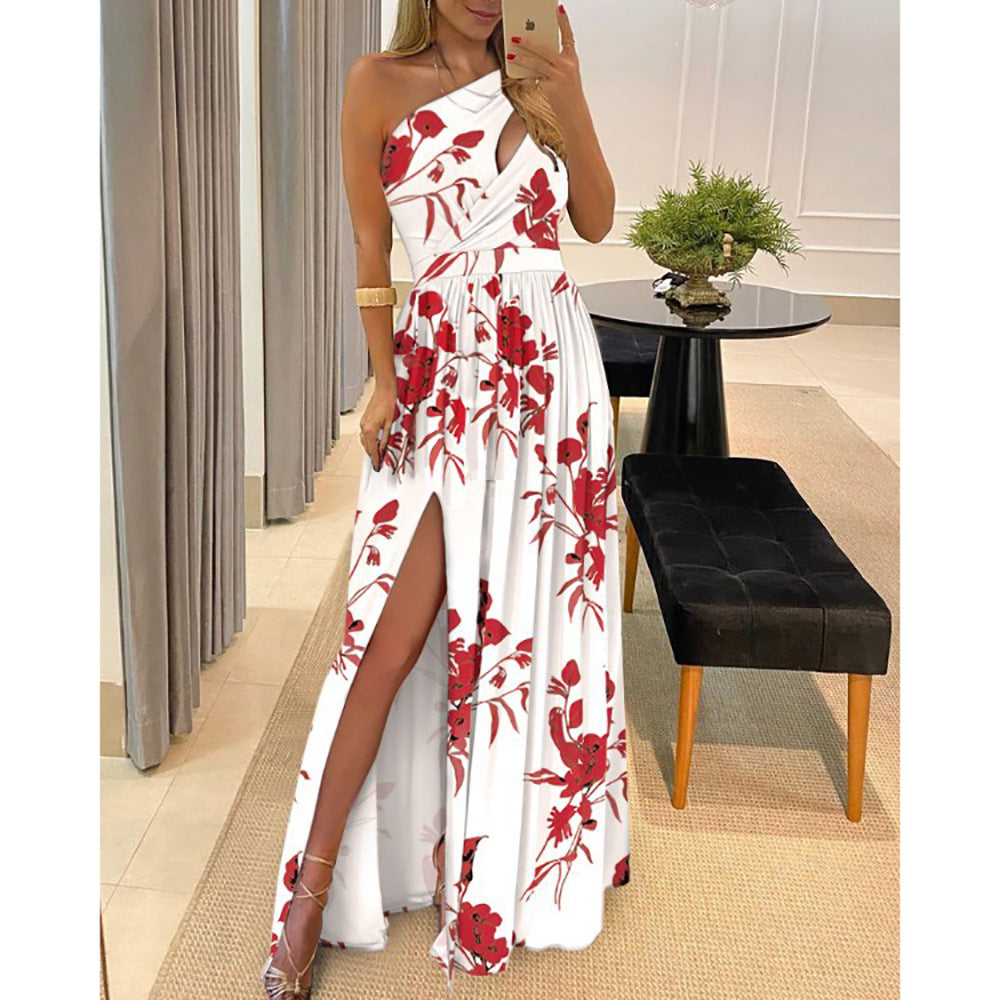 Slanted Shoulder Cutout Sleeveless Waist High Slit Swing Dress Sexy Wholesale Maxi Dresses