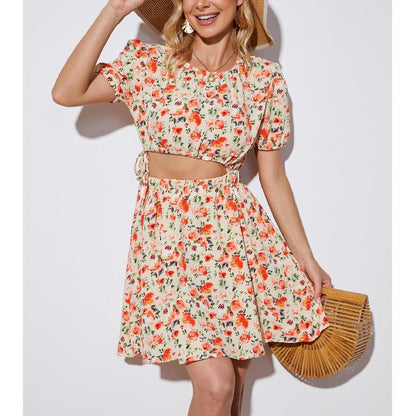 Fashion Crew Neck Short Sleeve Swing Floral Dress Wholesale Dresses