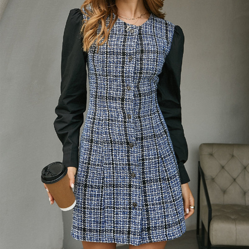 Single Button  Slim Patchwork Tweed Mini Dress