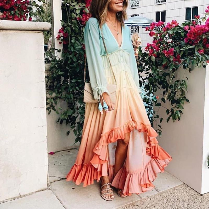 Gradient Color Print V-Neck Fringe Lace-Up Cuff Vacation Fashion Irregular Hem Ruffles Wholesale Maxi Dresses